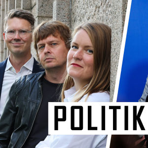 En delad bild med finansminister Riikka Purra till höger, och journalisterna Magnus Swanljung, Joakim Rundt och Marianne Sundholm till vänster. Över bilden står det Politiken.