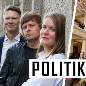 Delad bild med protesterna vid Helsingfors universitet till höger och Yleredaktörerna Magnus Swanljung, Joakim Rundt och Marianne Sundholm till vänster, med texten Politiken över bilden. 