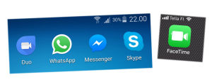 Viiden videopuhelupalvelun kuvakkeet kännykän näytöllä: Google Duo, WhatsApp, Facebook Messenger, Skype, FaceTime