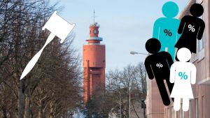 Ett bildcollage med en bild av ett vattentorn och ovanpå det en grafisk bild av en ordförandeklubba samt grafiska personfigurer med procenttecken på sina magar.