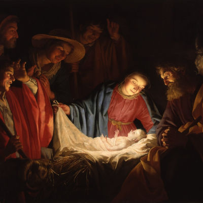 Målning av Jesusbarnet i krubban omgiven av Jungfru Maria, Josef och herdar.