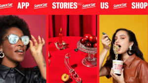 Skärmdump från företagets sida i november 2019. En skärmdump från Supershes webbplats senhösten 2019. Knallröd bakgrund, bilder på kvinnor, mat och sexleksaker. Texten Supershe shop, app, stories.