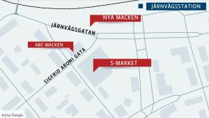 Kartan visar ungefär var den nya bensinmacken skulle placeras. S-market skulle utvidgas så att det byggs på Sigfrid Aroni gatan och resten av nuvarande ABC-macken skulle bli parkering. En karta.