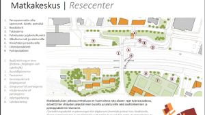 Resecentret kommer att finnas på samma sida om järnvägen som matbutikerna. Siffran fyra visar var resecentret ska vara. En karta över ett område där det ska byggas ett resecentrum.