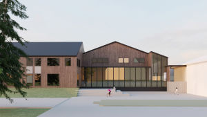 Kyrkfjärdens skolas nya skolbyggnad ska rymma 180-200 elever. Den miljövänliga konstruktionen väntas kosta kring 8,3 miljoner euro. En ritning över ett hus i trä med stora fönster.