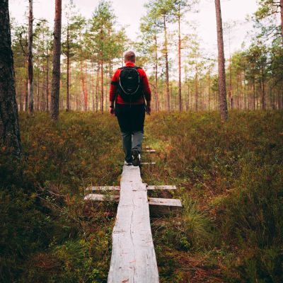 Nainen kulkee pitkospuita pitkin suolla.