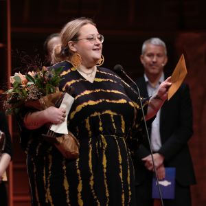Författaren Ellen Strömberg på AUgustprisgalan i Stockholm  28 november 2022.