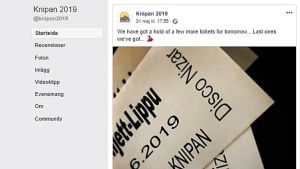 Så sent som kvällen innan festen marknadsförde Knipan biljetter på sin Facebooksida. Skärmdump. En skärmdump som visar sommarrestaurang Knipans inlägg på Facebook om biljetter till studentfesten 1.6.2019