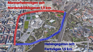 Rutten via Fartvägen är betydligt kortare. Karta över området kring Olympiastadion.