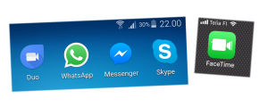 Sovellusten kuvakkeita kännykässä. Vasemmanpuoleiset toimivat sekä Android- että iPhone-luureissa. FaceTimella voi pulista ainoastaan Applen laiteilla. Viiden videopuhelupalvelun kuvakkeet kännykän näytöllä: Google Duo, WhatsApp, Facebook Messenger, Skype, FaceTime