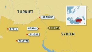 Al-Bab ligger strategiskt mellan den syriska regimens, SDF-styrkornas och IS områden. Karta Jarablus.