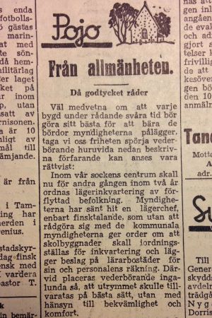 Insändarspalten i Västra Nyland den 2 september 1944. Artikel i tidningen Västra Nyland från den 2 september 1944.