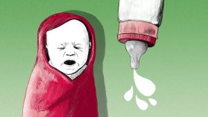 Kuvituskuva: itkevä vauva ja tuttipullo