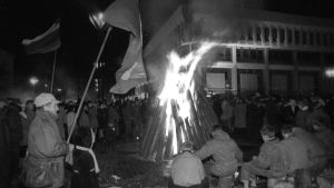 Samma kväll hade demonstranter också samlats vid andra strategiska mål i Vilnius. Den här bilden är tagen utanför sejmen, alltså parlamentshuset. Litauiska medborgare värmer sig vid brasor med parlamentsbyggnaden i bakgrunden, januari 1991.