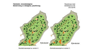 Staden Raseborg och planläggningskonsulten har tagit fram olika alternativ för hur de nya byggnaderna kunde placeras på ön. Bilden ingår i planläggningsmaterialet. En karta som visar hur olika byggnader kunde placeras på en ö som ska få en ny stranddetaljplan med mera byggrätt.
