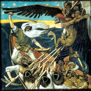 Akseli Gallen-Kallelan Kalevala-kuvitusta. "Sammon puolustus". 
