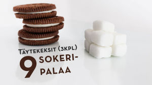 Yksi täytekeksi sisältää sokeria kolmen palan verran. Kolmesta keksistä kertyy jo yhdeksän sokeriapalaa. täytekeksit ja sokeripalat