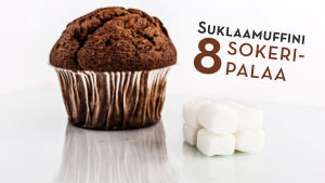 Yksi suklaamuffini sisältää kahdeksan sokeripalaa. Kuorrutus lisää määrää tuntuvasti. suklaamuffini ja sokeripalat
