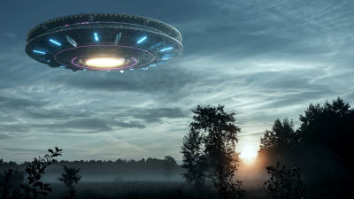 Konstnärens vision av ett UFO ovanför en äng.