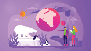 Då du pratar med folk som tvivlar på vetenskapen, oavsett om det handlar om 5G-telefoni, vacciner eller klimatförändringen, ska du inte dumförklara utan ta i hand och förklara. Illustration som beskriver klimatförändringen, med planeten, en isbjörn, två människor som diskuterar, solen och två skorstenar.