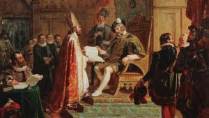 R.W. Ekman: Mikael Agricola överlämnar den första finska bibelöversättningen till Gustav Vasa (fresk i Åbo domkyrka 1849-54) R.W. Ekman: Mikael Agricola överlämnar den första finska bibelöversättningen till Gustav Vasa (fresk i Åbo domkyrka 1849-54)