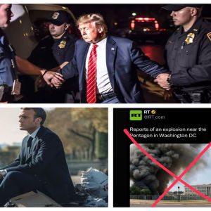 Kooste neljästä tekoälyn luomasta valeuutiskuvasta, joissa paavi Balenciagan takissa, Trump juoksemassa pakoon poliiseja, Macron puistossa ja Pentagonin räjähdys.