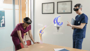 En illustration som visar ett exempel på ett hologram. Det syns i verkligheten bara för de som bär glasögon för förstärkt verklighet. Hologram inom vården.