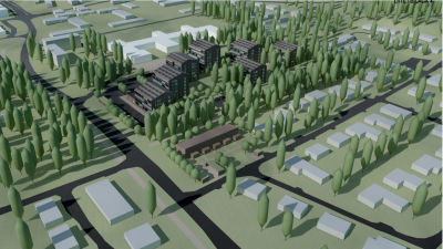 En illustrationsbild som visar hur det i framtiden kunde se ut i nuvarande vårdcentralens kvarter i Sjundeå.