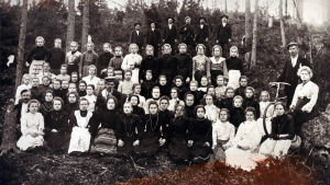 Voikkaan tehtaan paperisalin työläisiä, jotka osallistuivat vuonna 1904 "Schmitzin lakkoon", istuvat metsässä ryhmäkuvassa.. 