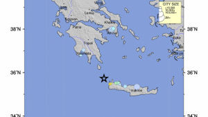 Karta som visar platsen för jordskalv utanför Kreta