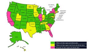 Bland annat Texas gick från rött till gult i början av 2016. Grafik över USA som visar vilka stater som har liberala vapenlag.