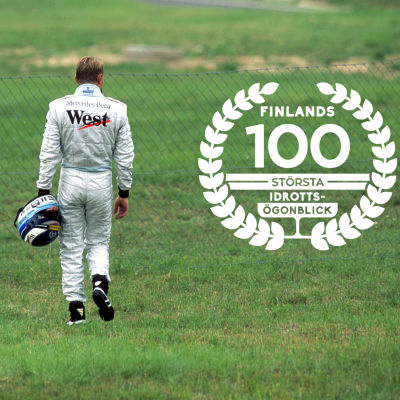 Mika Häkkinen, med logon för Finlands 100 största idrottsögonblick.