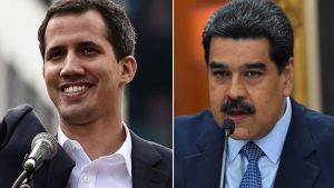 Opposittionsledaren Juan Guaidó till vänster, Nicolás Maduro till höger. Juan Guaido och Nicolás Maduro