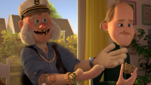 Onkel Stewart och plastpappan Jörn. Onkel Stuart och plastpappan Jörn från filmen Ternet Ninja sitter bredvid varandra.
