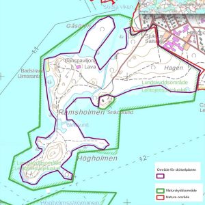 Den reviderade skötselplanen gäller Ramsholmen, Hagen och Högholmen. karta över Ramsholmen