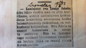 Pieni uutinen Suomettaressa Lempi Jokelan konsertista.