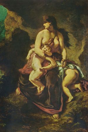 Medea i färd med att mörda sina barn. Målning av Eugène Delacroix.. Medea från den grekiska mytologin, i färd med att döda sina barn.