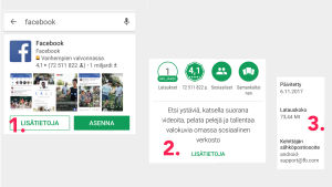 Kuvakaappauksia Google Play -sovelluskaupasta: Näin löydät tuotteen kehittäjän yhteystiedot.