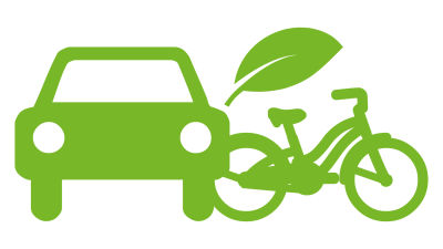 Ympäristövastuun kuvituskuva, auto, polkupyörä ja puun lehti.