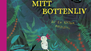 Omslaget till Bondestams bilderbok. Omslaget på Linda Bondestams bok. Ett illustrerat groddjur.