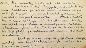 Merin päiväkirja 9.6.1945. Meri Louhoksen päiväkirjansivu kesäkiertueella 1945.