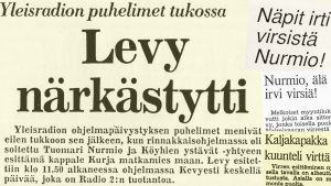 Uuden Suomen otsikko ja yleisökirjoituksia Tuomari Nurmion Kurja matkamies maan -levyn radiosoitosta vuonna 1979.