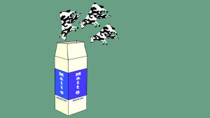 Maitotölkki johon lentää lehmiä, grafiikka.