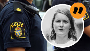 En del av debatten i Sverige just nu handlar om hur lite uppmärksamhet medier och politiker ägnar våld mot kvinnor jämfört med dödsskjutningar inom gängkriminaliteten, skriver Svenska Yles Nordenkorrespondent Marianne Sundholm. Svenska polisens emblem på en t-shirtärm. Ovanpå en bild på redaktör Marianne Sundholm och ett citattecken.