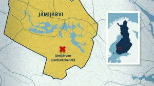 Jämijärven lento-onnettomuuden uutisgrafiikkaa. Suomen kartta.