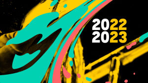 RSO:n kauden 2022-2023 visuaalinen ilme, jossa graafisia väriläiskiä turkoosilla, keltaisella ja punaisella 