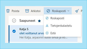Kuvakaappaus Outlook-sähköpostista: Valikosta valittuna Roskaposti.