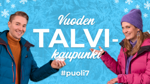 Vuoden talvikaupunki -grafiikka vaaleansinisellä pohjalla. Tekstin vieressä talvisissa vaatteissaan toimittajat Mikko Pienipaavola ja Tuulianna Tola.
