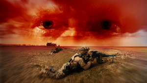 Punaisessa taivaanrannassa näkyy silmät. Maassa makaa sotilaita, jotka tähtäävät aseilla.