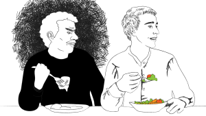 Piirroskuvassa kaksi miestä, toinen syö kasvisruokaa, toinen katsoo myrtyneenä.